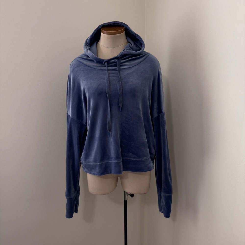 Aerie Offline Medium Blue Velour Pullover Hoodie Lounge Athleisure